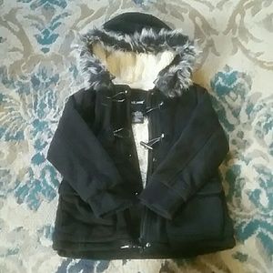 Girls black coat with fur trimmed hood